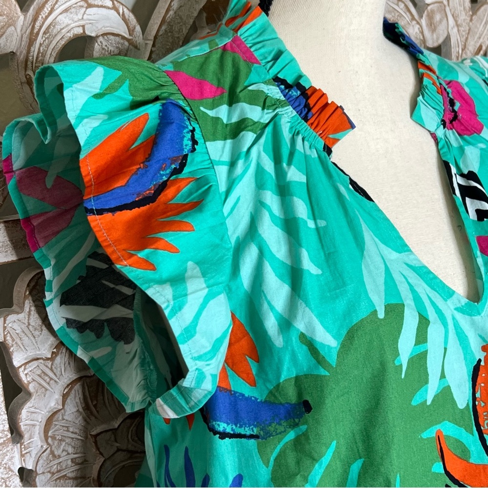 EUC Mud Pie Green Cotton Tropical Ruffled Cap Sleeve Blouse Sz L - Picture 4 of 6